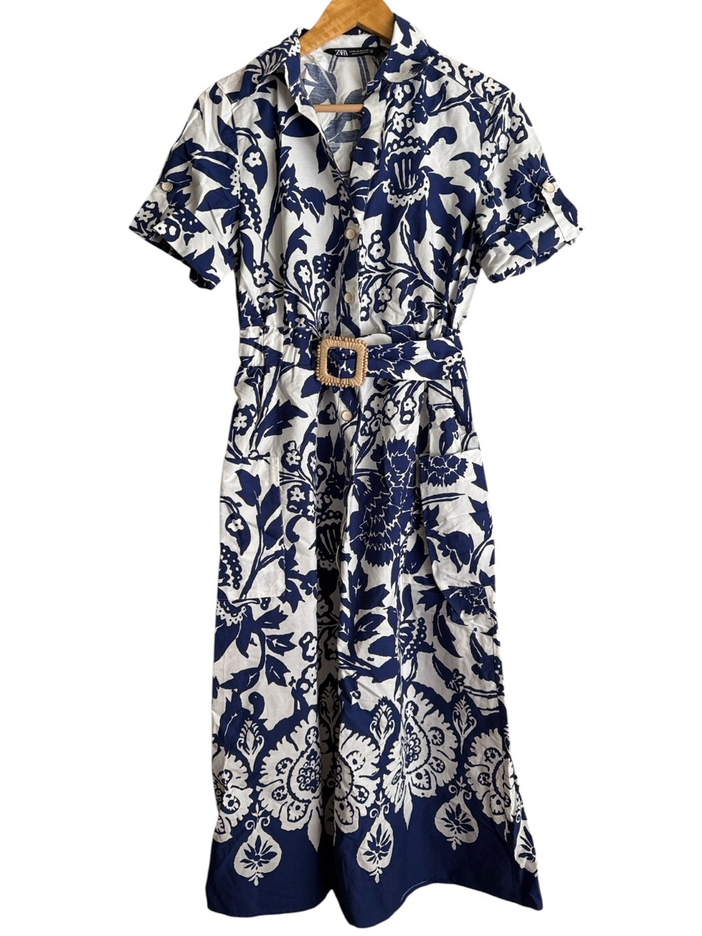Zara Blue & White Floral Belted Dress Sz XS